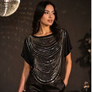 Cache Black Sequin Blouse Size M Embellished Sparkle Top Party Evening Glam